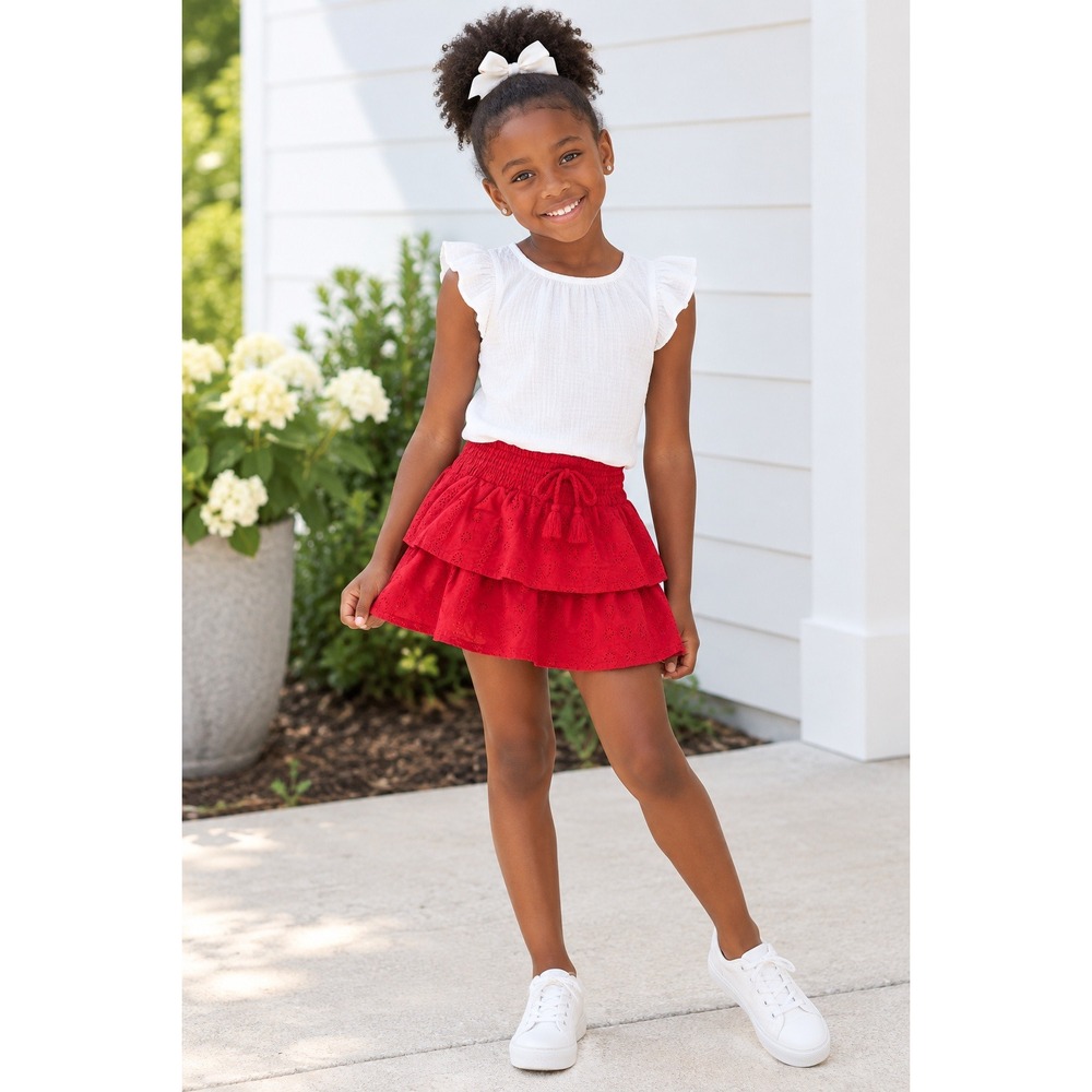 Zara Kids Red Eyelet Ruffle Skort Smocked Waist Tassel Size 6-7 122cm